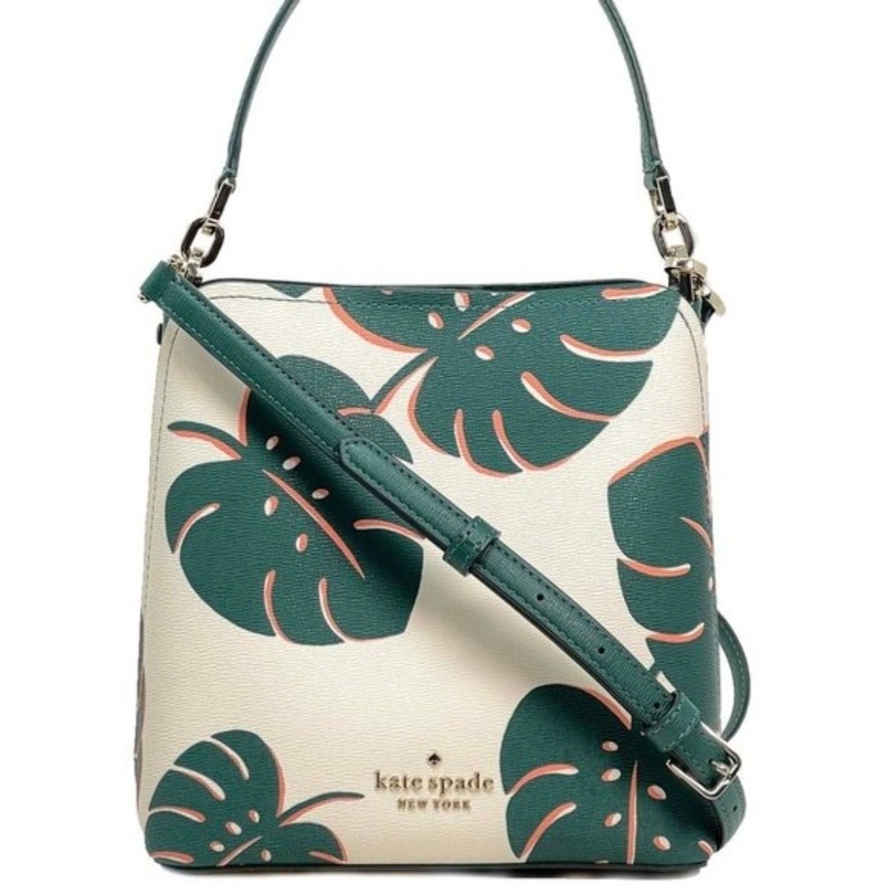 Kate Spade Womens Bucket Bag Small Green Monstera Leaf Tropical Crossbody